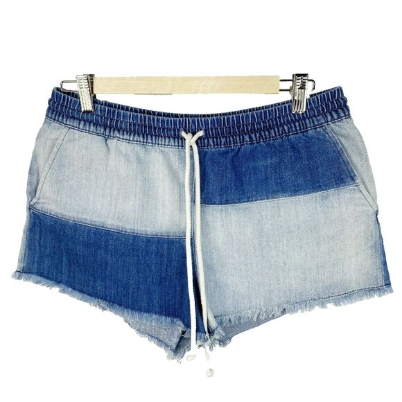 Aerie Denim Jean Shorts Size Medium Denim Chambray Patchwork Pull On Hi Rise - Picture 2 of 4